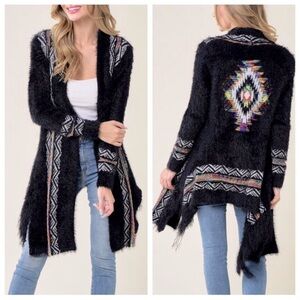Aztec Print Long Sleeve Cotton Long Sleeves  Fringe Cardigan Bohemian Size S